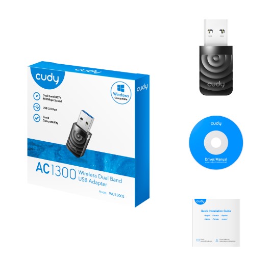 AĞ ADAPTÖRÜ CUDY WU1300S AC1300 2.4GHZ/5GHZ 1300MBPS 2DBİ DAHİLİ ANTEN MU-MIMO KABLOSUZ USB3.0 Wİ-Fİ