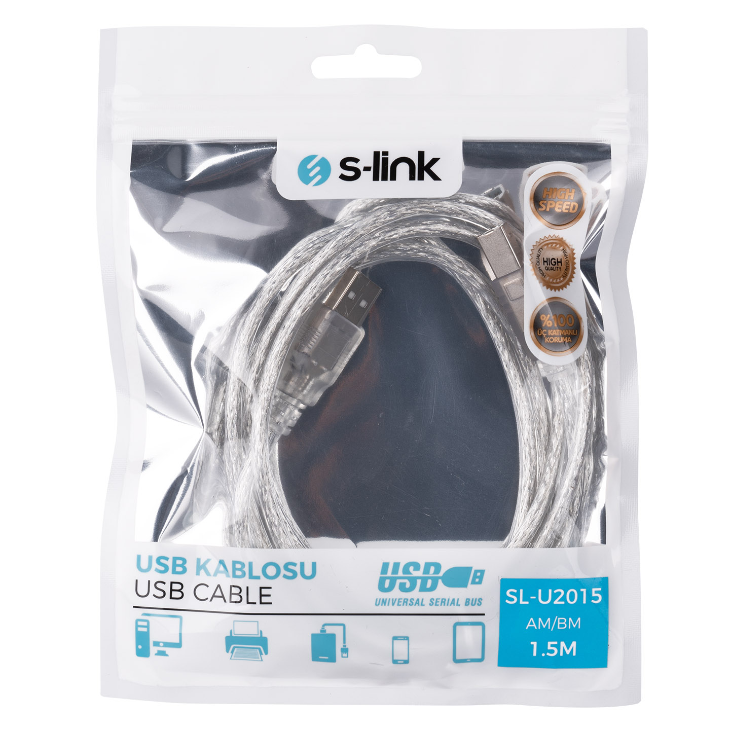 AKS KABLO YAZICI 1.5 METRE S-LİNK SL-U2015 USB 2.0 ŞEFFAF