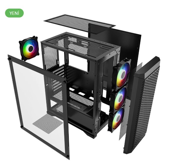 KASA 600W POWERBOOST PB-PS5847B ATX USB 3.0 RAİNBOW FANLI MESH GAMİNG SİYAH KASA
