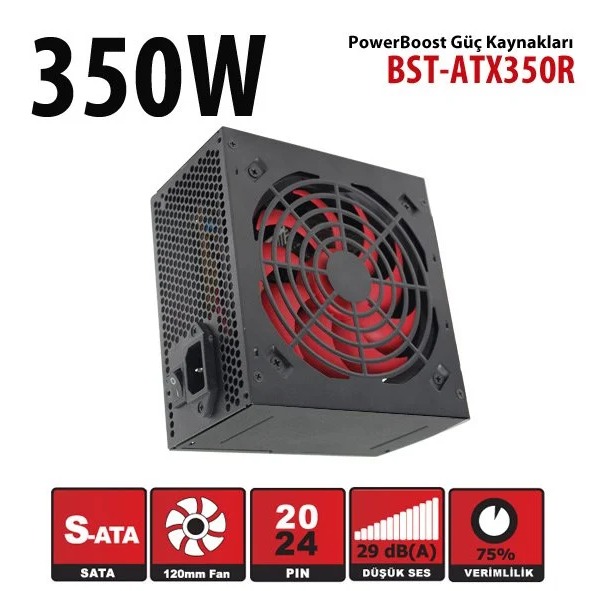 POWER SUPPLY 350W POWERBOOST BST-ATX350R PPFC 12CM KIRMIZI FANLI ATX PSU POWER KABLO (RETAİL BOX)